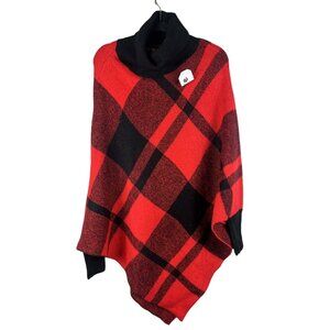 Bluuivy Red & Black Plaid Poncho Sweater With Turtleneck S/M